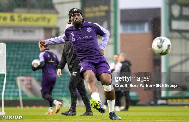 Rocky Bushiri during a Hibernian open training session at Easter Road, on April 08 in Edinburgh, Scotland.