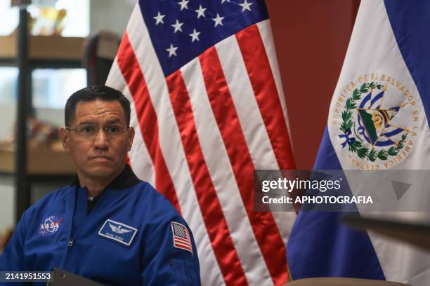 Salvadoran-American NASA astronaut Frank Rubio during a press conference at the United States embassy on April 8, 2024 in San Salvador, El Salvador.