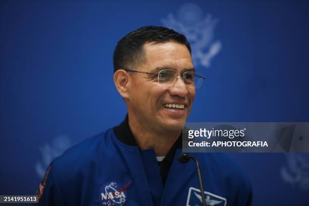 Salvadoran-American NASA astronaut Frank Rubio speaks during a press conference at the United States embassy on April 8, 2024 in San Salvador, El...