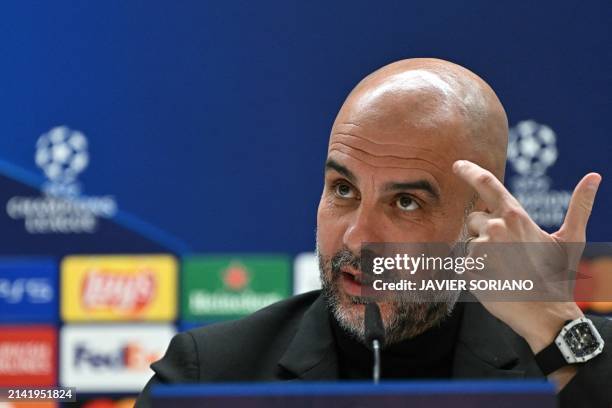 Manchester City's Spanish manager Pep Guardiola gives a press conference on the eve of their UEFA Champions League quarter final first leg football...