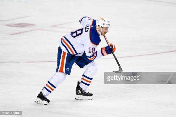 Edmonton Oilers Right Wing Zach Hyman skates during the second period of an NHL game between the Calgary Flames and the Edmonton Oilers on April 6 at...