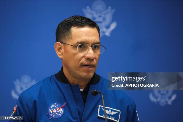 Salvadoran-American NASA astronaut Frank Rubio speaks during a press conference at the United States embassy on April 8, 2024 in San Salvador, El...