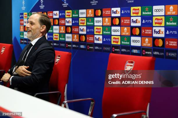 Bayern Munich's German head coach Thomas Tuchel reacts as he speaks during a press conference on the eve of their UEFA Champions League quarter final...