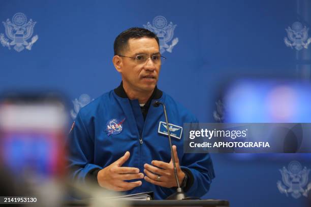 Salvadoran-American NASA astronaut Frank Rubio speaks during a press conference at the United States embassy on April 8, 2024 in San Salvador, El...