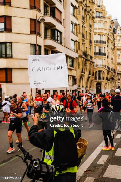 Illustration fans banner during the Marathon of Paris on April 7, 2024 in Paris, France.