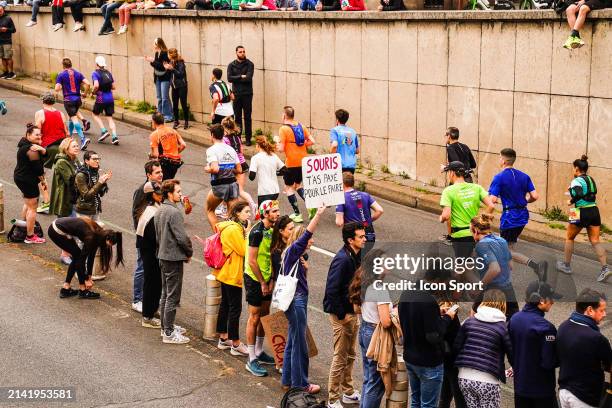 Illustration Fans banner during the Marathon of Paris on April 7, 2024 in Paris, France.