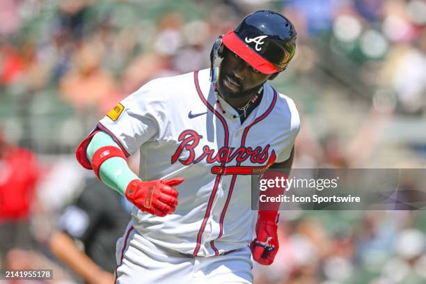 Atlanta outfielder Michael Harris II reacts after hitting a home run during the MLB game between the Arizona Diamondbacks and the Atlanta Braves on...