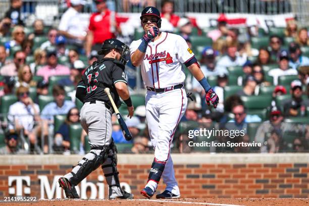 Atlanta third base Austin Riley reacts after striking out during the MLB game between the Arizona Diamondbacks and the Atlanta Braves on April 7th,...