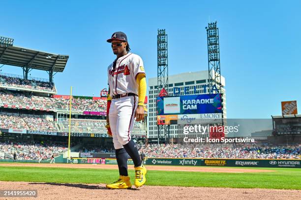 Atlanta outfielder Ronald Acuña Jr. Walks off the field during the MLB game between the Arizona Diamondbacks and the Atlanta Braves on April 7th,...