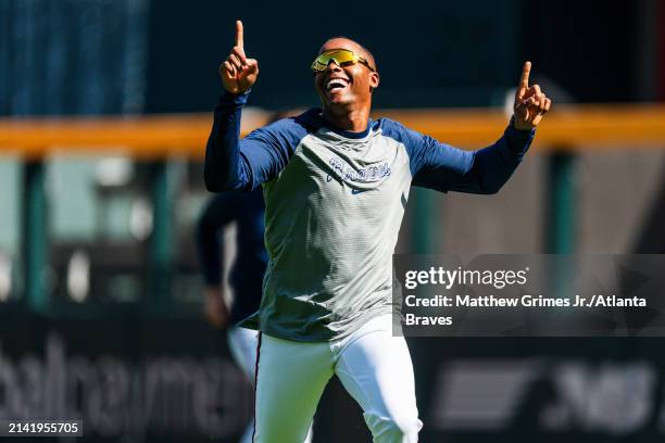 Raisel Iglesias of the Atlanta Braves laughs during warm ups before the game between the Atlanta Braves and the New York Mets at Truist Park on April...