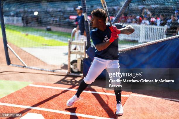 Ozzie Albies of the Atlanta Braves takes batting practice before the game between the Atlanta Braves and the New York Mets at Truist Park on April 8,...