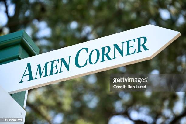 Augusta , GEORGIA Amen Corner directional signage is seen prior to Masters Tournament at Augusta National Golf Club on April 8, 2024 in Augusta ,...