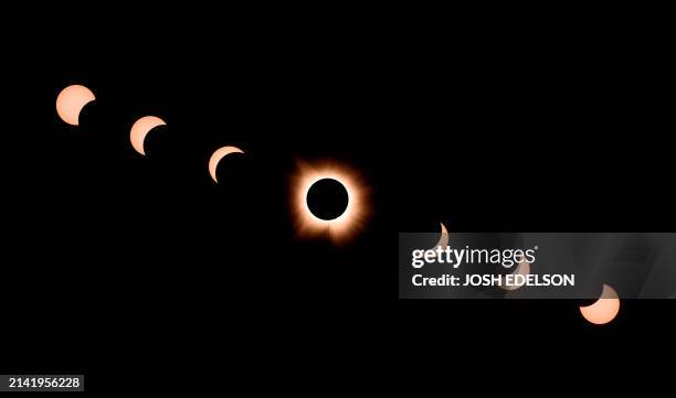 In this composite of seven photographs, the moon passes by the sun during a total solar eclipse in Bloomington, Indiana, on April 8, 2024. This...