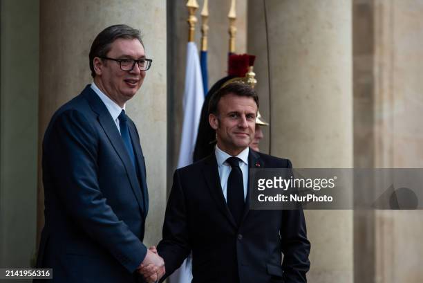 French President Emmanuel Macron is receiving the President of the Republic of Serbia, Alexandar Vucic, at the Elysee Palace in Paris, France, on...