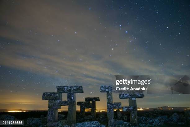 View of the historic remainings in the ancient city of Blaundos on a starry night captured using long exposure technique, located in the Ulubey...