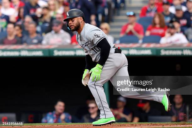 Yoán Moncada of the Chicago White Sox bats during the game between the Chicago White Sox and the Cleveland Guardians at Progressive Field on Monday,...