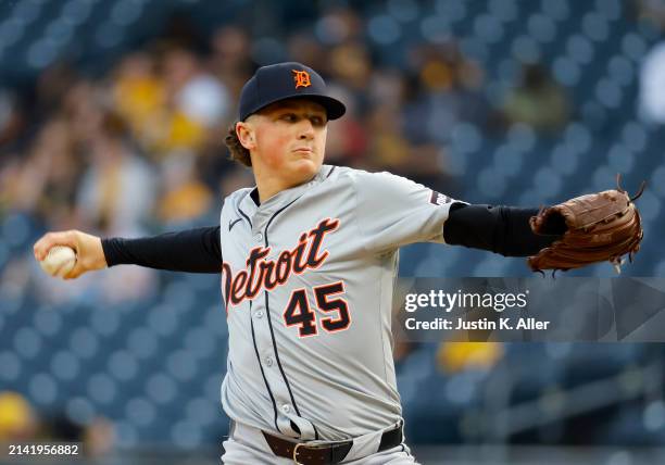 Reese Olson of the Detroit Tigers pitches in the first inning against the Pittsburgh Pirates during inter-league play at PNC Park on April 8, 2024 in...