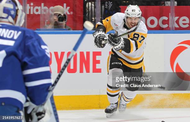Sidney Crosby of the Pittsburgh Penguins shoots against Ilya Samsonov of the Toronto Maple Leafs during the first period at Scotiabank Arena on April...