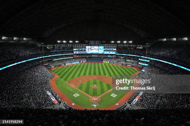 General view of the field from above during the game between the Seattle Mariners and the Toronto Blue Jays at Rogers Centre on Monday, April 8, 2024...