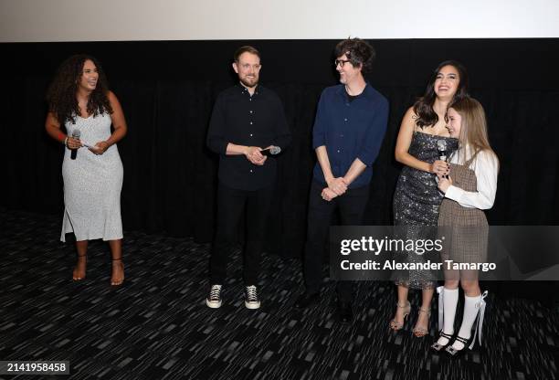 Tatiana Diaz, Matt Bettinelli-Olpin, Tyler Gillett, Melissa Barrera and Alisha Weir are seen at the "Abigail" special screening at Silverspot Cinema...