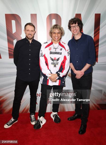 Matt Bettinelli-Olpin, Andre Saint-Albin and Tyler Gillett are seen at the "Abigail" special screening at Silverspot Cinema - Downtown Miami on April...