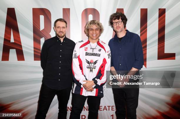 Matt Bettinelli-Olpin, Andre Saint-Albin and Tyler Gillett are seen at the "Abigail" special screening at Silverspot Cinema - Downtown Miami on April...