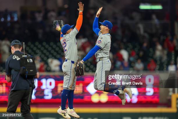 Francisco Lindor and Brandon Nimmo of the New York Mets celebrate an 8-7 victory against the Atlanta Braves at Truist Park on April 8, 2024 in...