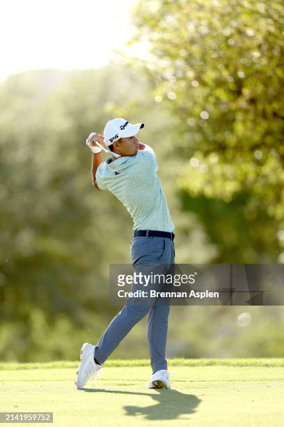 Collin Morikawa of the United States plays his second shot on 18th hole during the second round of the Valero Texas Open at TPC San Antonio on April...