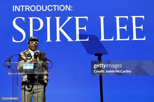 Spike Lee speaks onstage during the Fashion Scholarship Fund Gala Honoring Tracee Ellis Ross, Michael Burke and Pete Nordstrom, Hosted by Paloma...