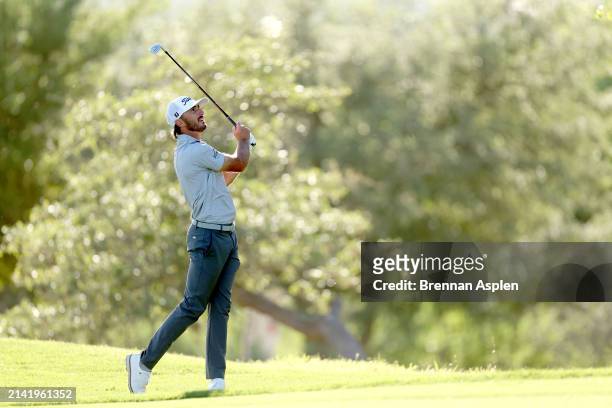 Max Homa of the United States plays his second shot on the 18th hole during the second round of the Valero Texas Open at TPC San Antonio on April 05,...