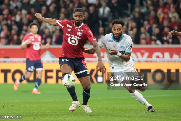 Alexsandro Ribeiro of Lille, Pierre-Emerick Aubameyang of Marseille in action during the Ligue 1 Uber Eats match between Lille OSC and Olympique de...