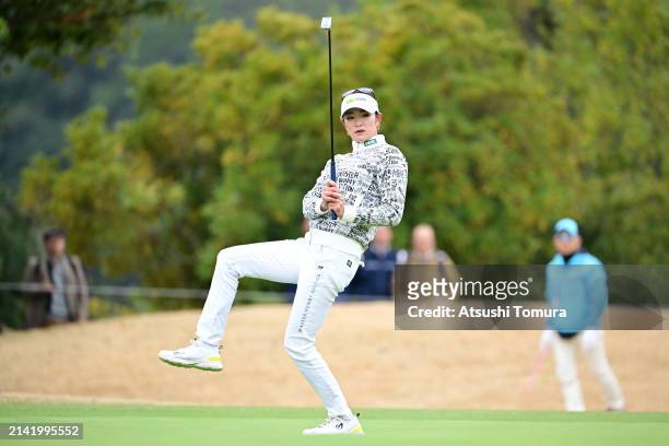 Erika Hara of Japan reacts after a putt on the 11th green during the second round of Fujifilm Studio Alice Ladies Open at Ishizaka Golf Club on April...