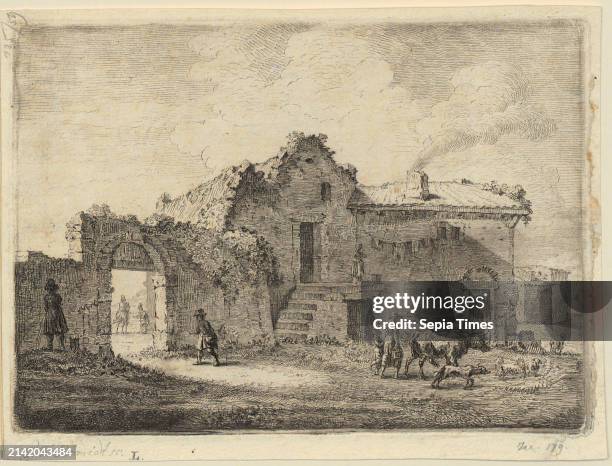 Georg Friedrich Schmidt Johann Heinrich Roos , after, landscape and dilapidated peasant house and gate, origin of the print: 1732 - 1775, copperplate...