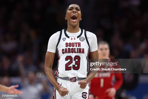 Bree Hall of the South Carolina Gamecocks reacts in the second half during the NCAA Women's Basketball Tournament Final Four semifinal game against...