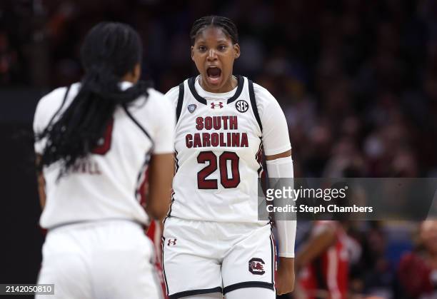 Sania Feagin of the South Carolina Gamecocks reacts in the second half during the NCAA Women's Basketball Tournament Final Four semifinal game...