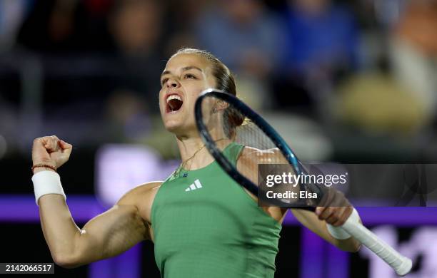 Maria Sakkari of Greece celebrates her quarterfinal match win over Veronika Kudermetova on Day 5 of the WTA 500 Credit One Charleston Open at Credit...