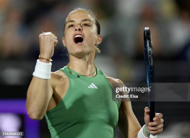 Maria Sakkari of Greece celebrates her quarterfinal match win over Veronika Kudermetova on Day 5 of the WTA 500 Credit One Charleston Open at Credit...