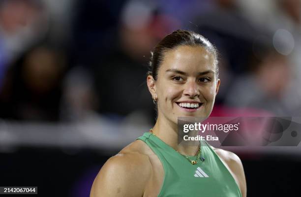 Maria Sakkari of Greece smiles in the second set against Veronika Kudermetova on Day 5 of the WTA 500 Credit One Charleston Open at Credit One...