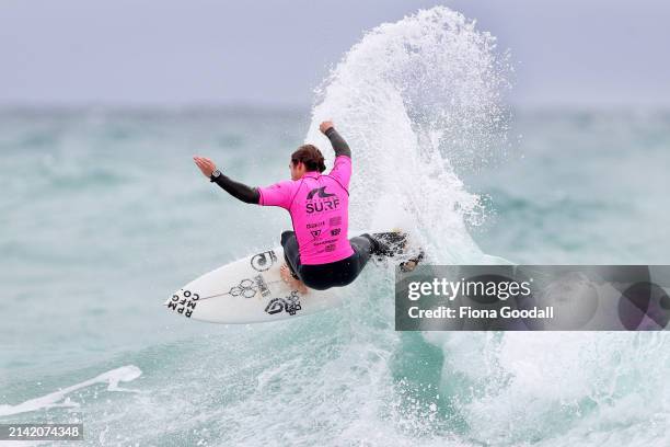 New Zealand Olympic surfer Billy Stairmand competes in round two during the 2024 Aotearoa Surf Pro at Te Arai Beach on April 06, 2024 in Auckland,...