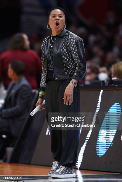 Head coach Dawn Staley of the South Carolina Gamecocks looks on in the second half during the NCAA Women's Basketball Tournament Final Four semifinal...