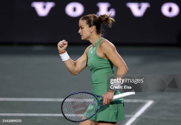 Maria Sakkari of Greece celebrates her first set win over Veronika Kudermetova during the quarterfinals on Day 5 of the WTA 500 Credit One Charleston...