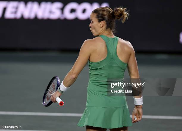 Maria Sakkari of Greece reacts in the first set against Veronika Kudermetova during the quarterfinals on Day 5 of the WTA 500 Credit One Charleston...