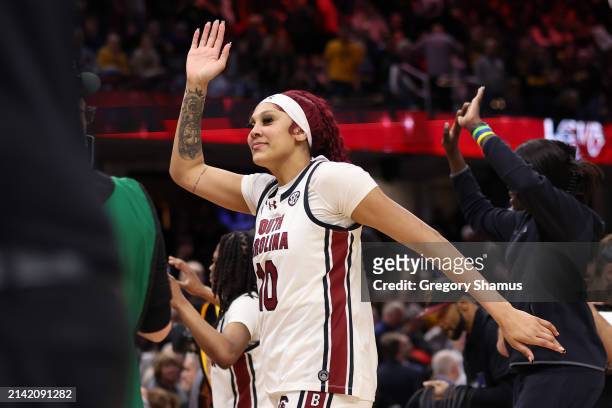Kamilla Cardoso of the South Carolina Gamecocks reacts after beating the NC State Wolfpack 78-59 during the NCAA Women's Basketball Tournament Final...