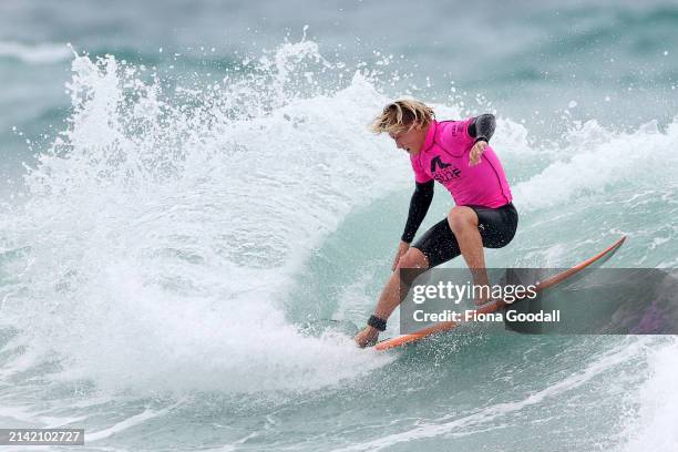 Spencer Rowson competes during the 2024 Aotearoa Surf Pro at Te Arai Beach on April 06, 2024 in Auckland, New Zealand.