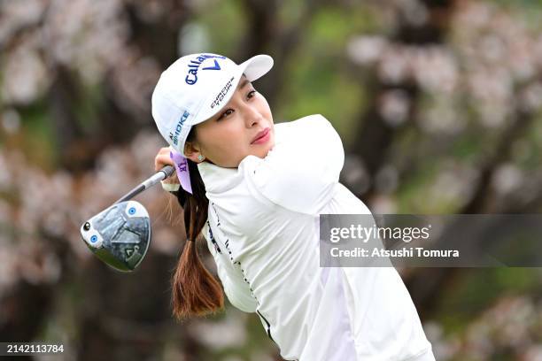 Miyuki Takeuchi of Japan hits her tee shot on the 4th hole during the second round of Fujifilm Studio Alice Ladies Open at Ishizaka Golf Club on...