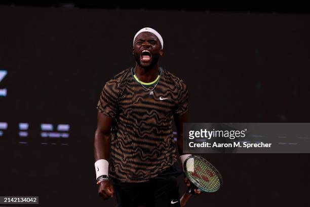 Francis Tiafoe of the United States reacts after his win against Jordan Thompson of Australia during their match on Day 8 of the U.S. Mens Clay Court...