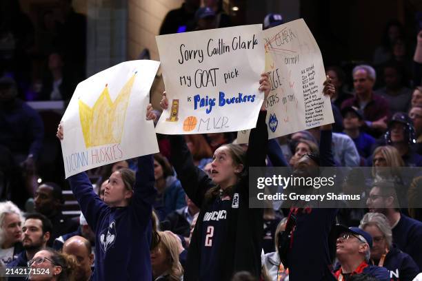 UConn Huskies fans are pictured in the first half during the NCAA Women's Basketball Tournament Final Four semifinal game against the Iowa Hawkeyes...