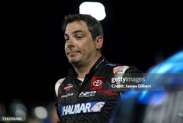 Stewart Friesen, driver of the Aim Autism/Halmar Toyota, reacts after the NASCAR Craftsman Long John Silver's 200 at Martinsville Speedway on April...