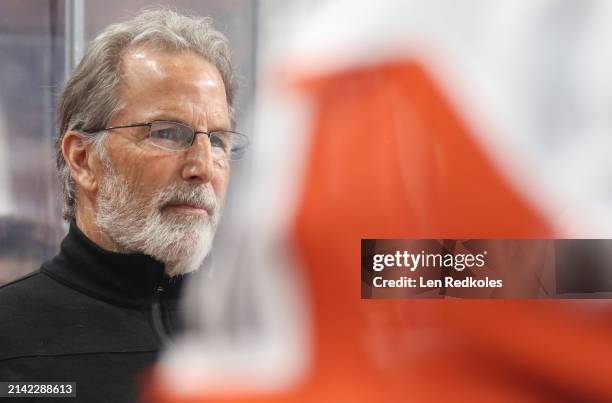 Head coach of the Philadelphia Flyers John Tortorella watches the play on the ice during the first period against the Chicago Blackhawks at the Wells...