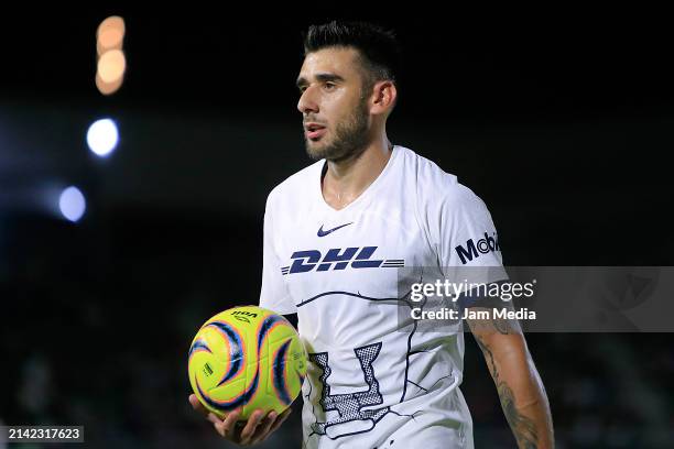 Eduardo Salvio of Pumas holds the ball during the 14th round match between Mazatlan FC and Pumas UNAM as part of the Torneo Clausura 2024 Liga MX at...